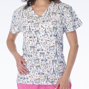 NWT Women’s Large Mon Amie Paris Print Scrubfinity Basix Scrub Top